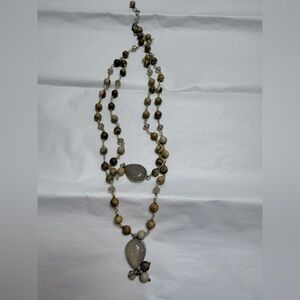 Carolina Herrera box Beige and Brown Stone Long Necklace with Teardrop Pendants